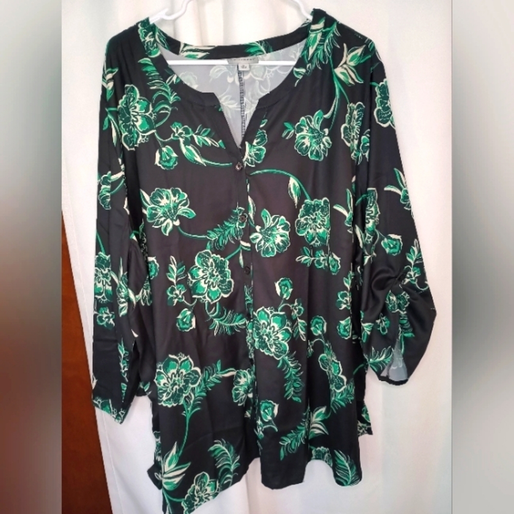 Catherines 3X Button Front Blouse Top Kelly Green Floral Satin Peasant